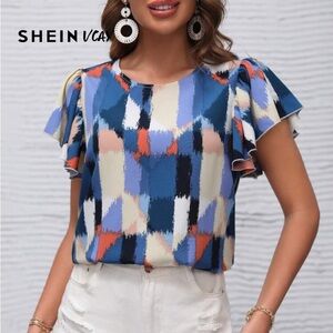 SHEIN Abstract Multicolor Flutter Sleeve Top